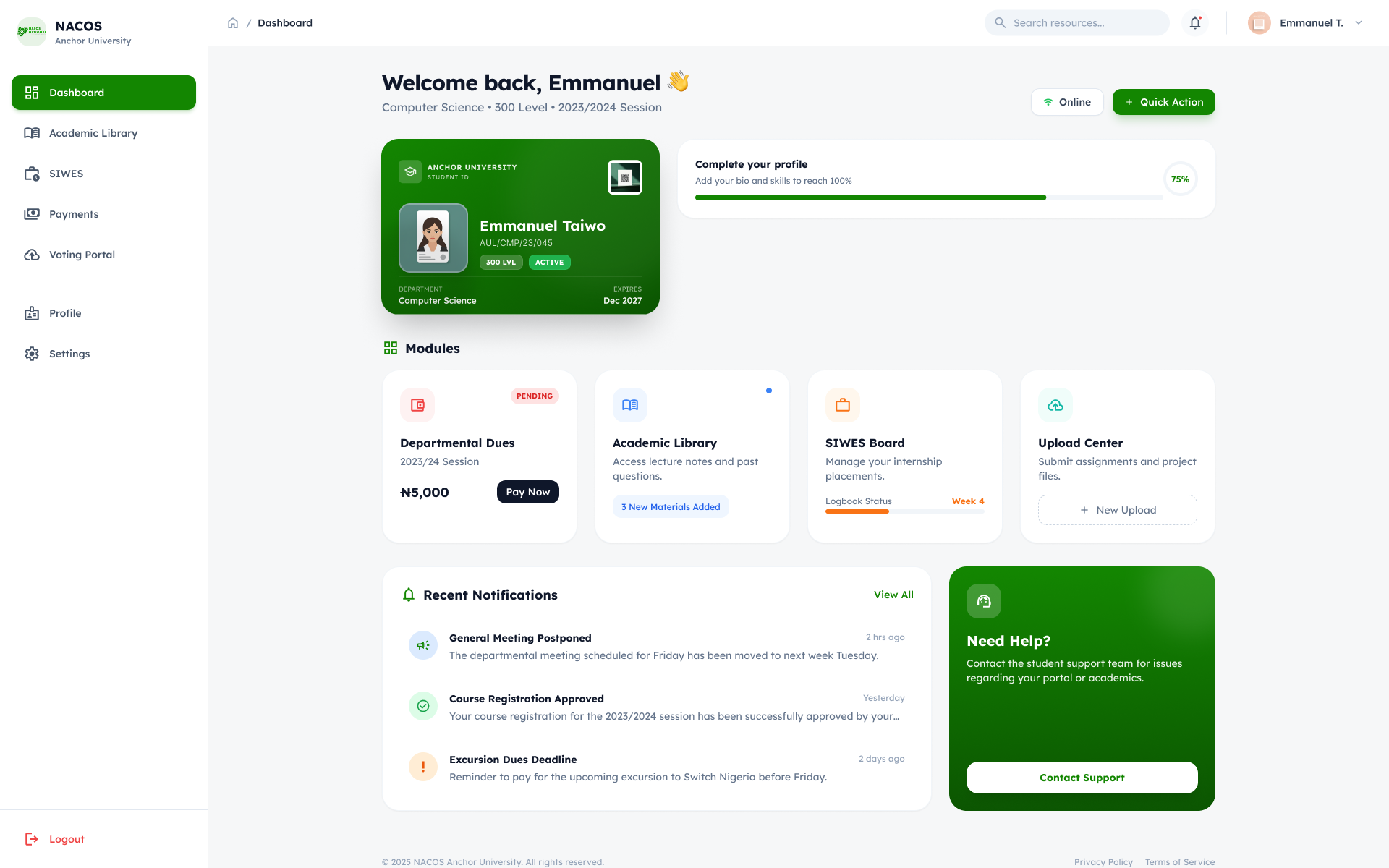 NACOS Student Portal web app mockup